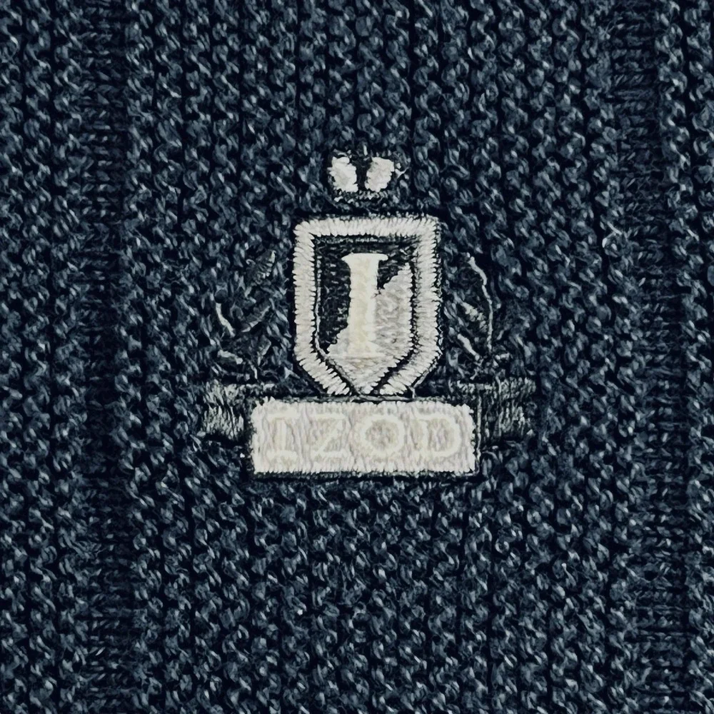 Vintage Izod Men's Knit Sweater L Blue Wide Rib Crew Neck Crest Logo Made in USA
